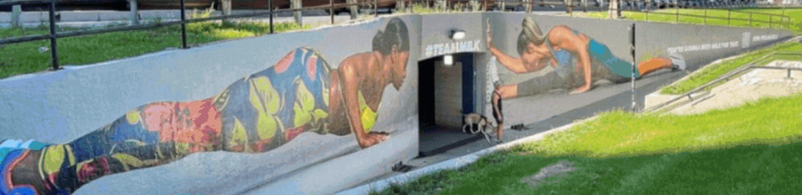 Images of Advertising Message in the Parks - on park fence, on walls along the Lakefront trail, and on digital screens inside a park fieldhouse.