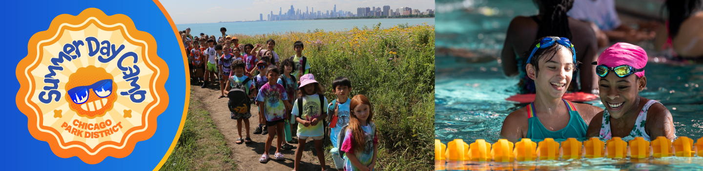 Chicago Park District Summer Day Camp logo, kids hiking, kids swimming.