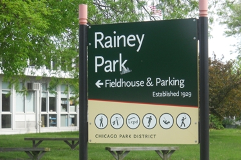 Rainey Park sign. Established 1929. Chicago Park District.