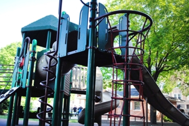 Green and brown playground structure with slide and climbing features.
