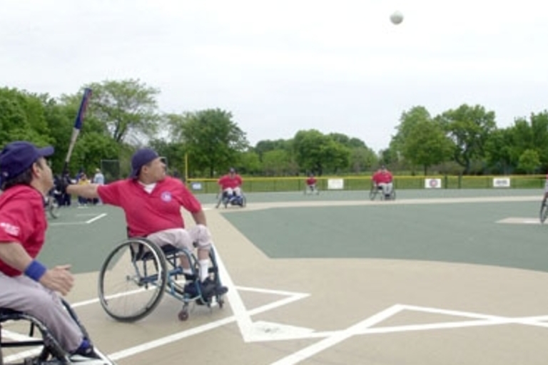 Wheelchair softball game in action.