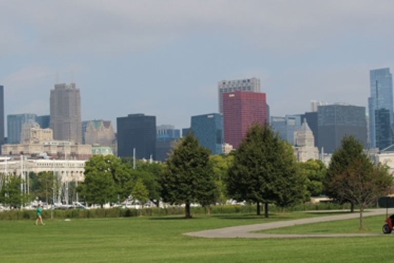 Chicago skyline from a grassy park.
