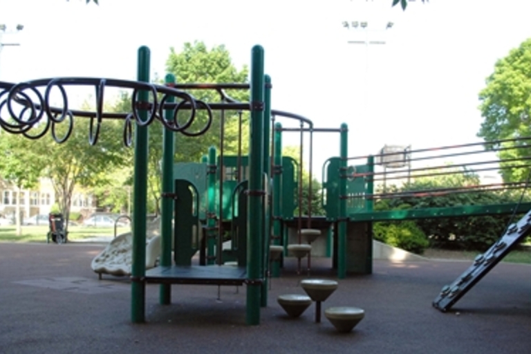 Green playground equipment on a park's soft surface.
