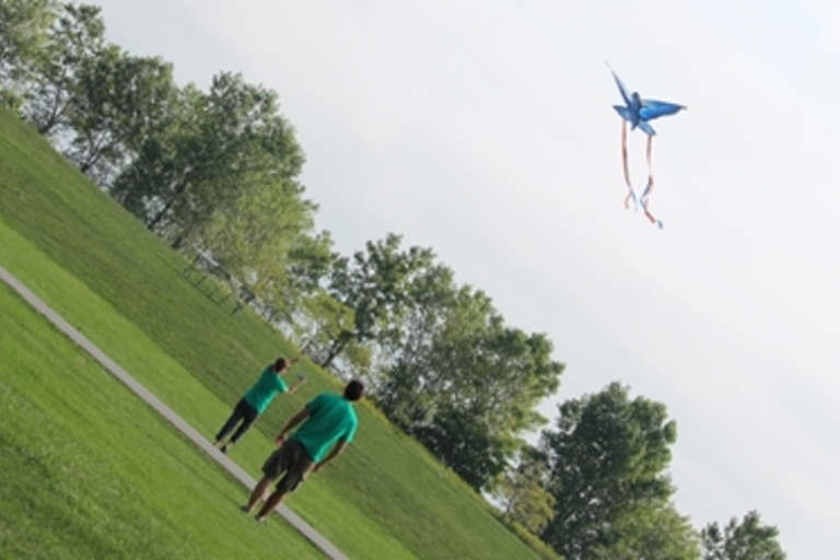 Two people flying a blue bird kite in a green park.
