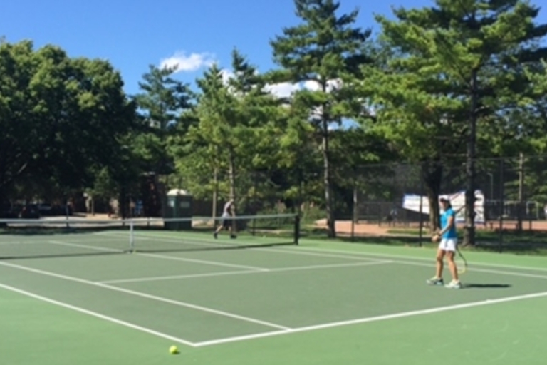 Tennis players on a green outdoor court.
