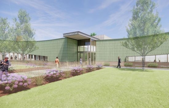 Architectural rendering of the Jackie Robinson Park fieldhouse with green tiled walls and glass entryway. People stroll through the landscaped gardens in front.