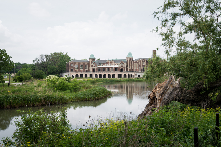 Humboldt Park boat house across lagoon.