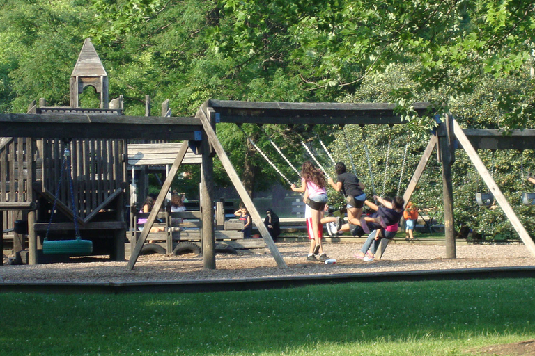 Kids playing on swings and wooden playground structure.
