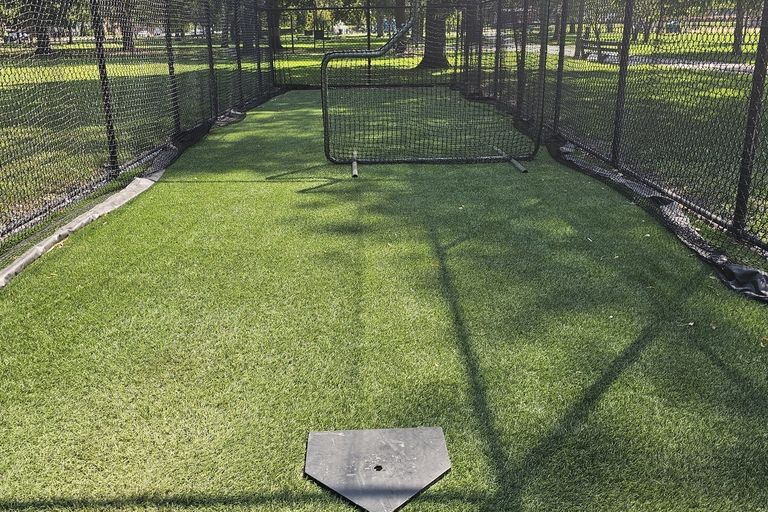 Empty batting cage with home plate on artificial turf.