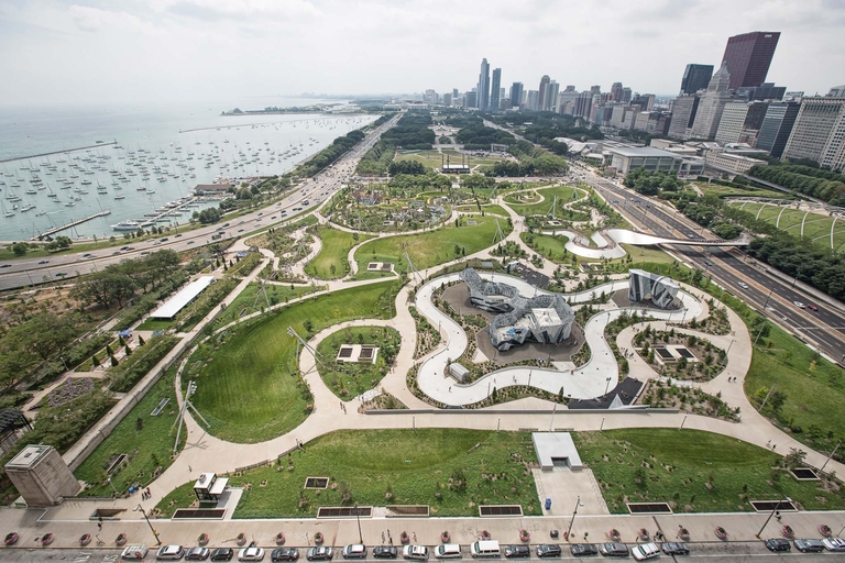Aerial view of Maggie Daley Park, Chicago, with Lake Michigan and city skyline in background.