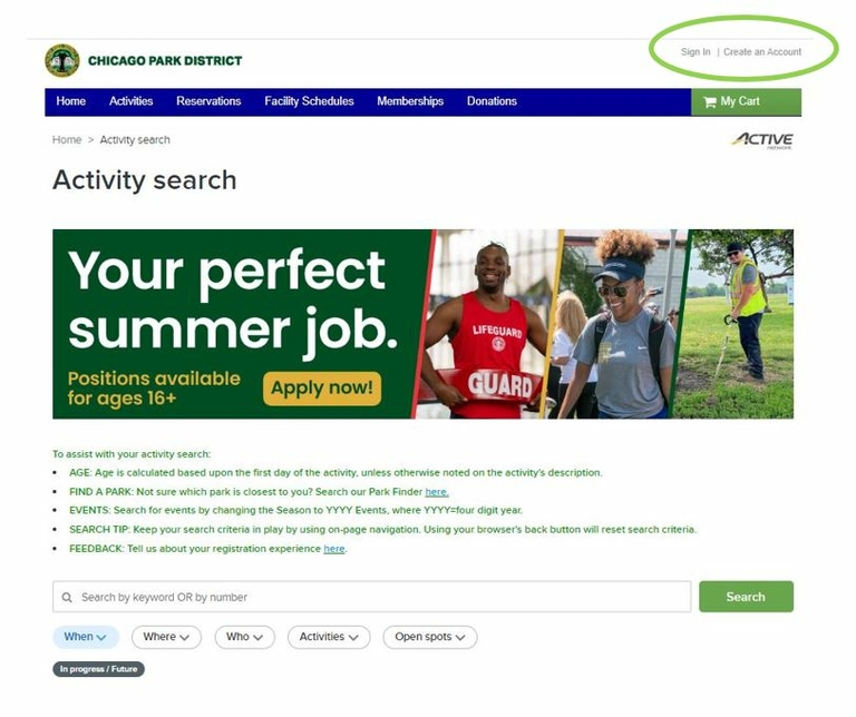 Chicago Park District summer job banner showing a lifeguard, park staff, and groundskeeper.