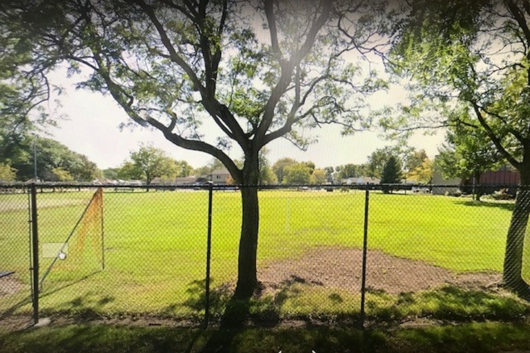 Fenced-in grassy field with trees.