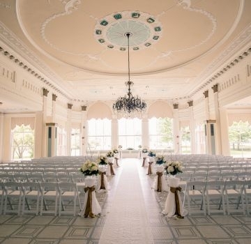 Elegant wedding ceremony setup in a grand ballroom.