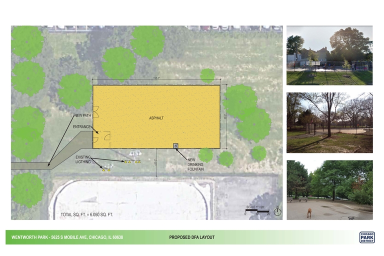 Proposed layout for Wentworth Park, including new asphalt surface, path, entrance, lighting, and drinking fountain. Three photographs of existing park features.