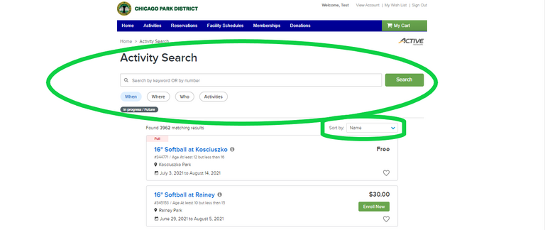 Chicago Park District activity search results.