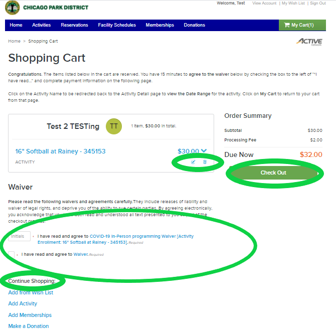 Chicago Park District shopping cart checkout page.  Subtotal: $30.00, Processing Fee: $2.00, Due Now: $32.00.  "Check Out" button at bottom right.