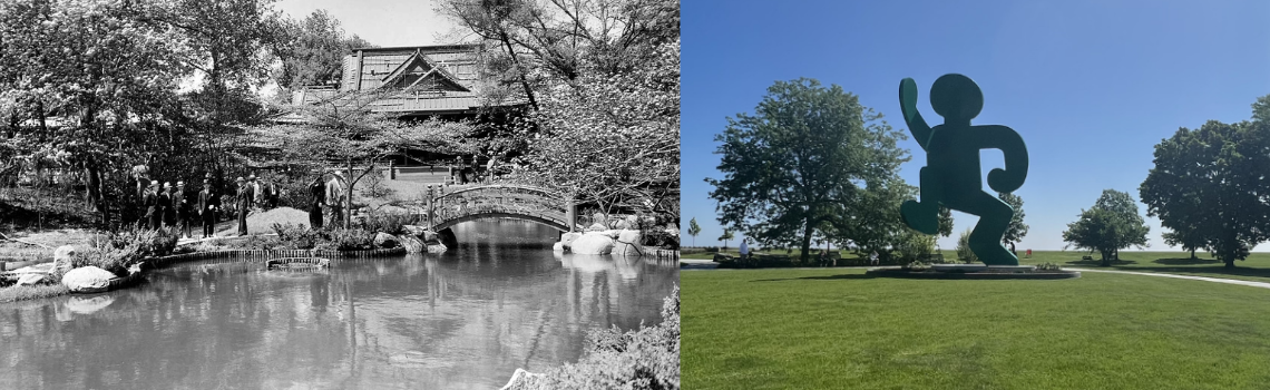Historical photo of a Japanese garden and Keith Haring statue on a lawn.