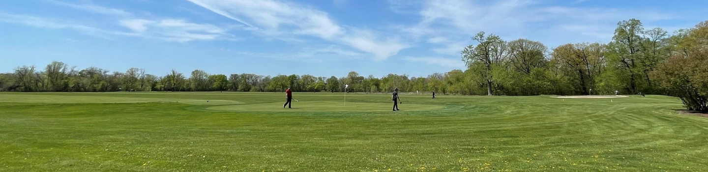 Golfers on a green, sunny day.