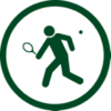 Stylized green icon of a person playing tennis.
