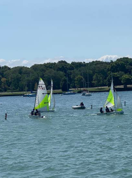 Sailboats with colorful sails glide on a calm lake.